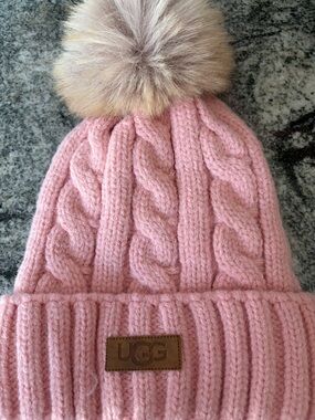 UGG Pink Cable-Knit Beanie with Faux Fur Pom